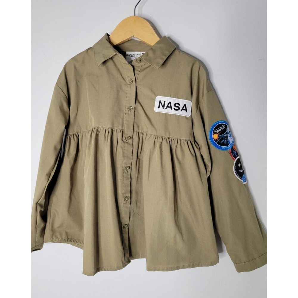 Buzz Aldrin NASA Peplum Blouse Space Top Button Front Tan Girls Size Small